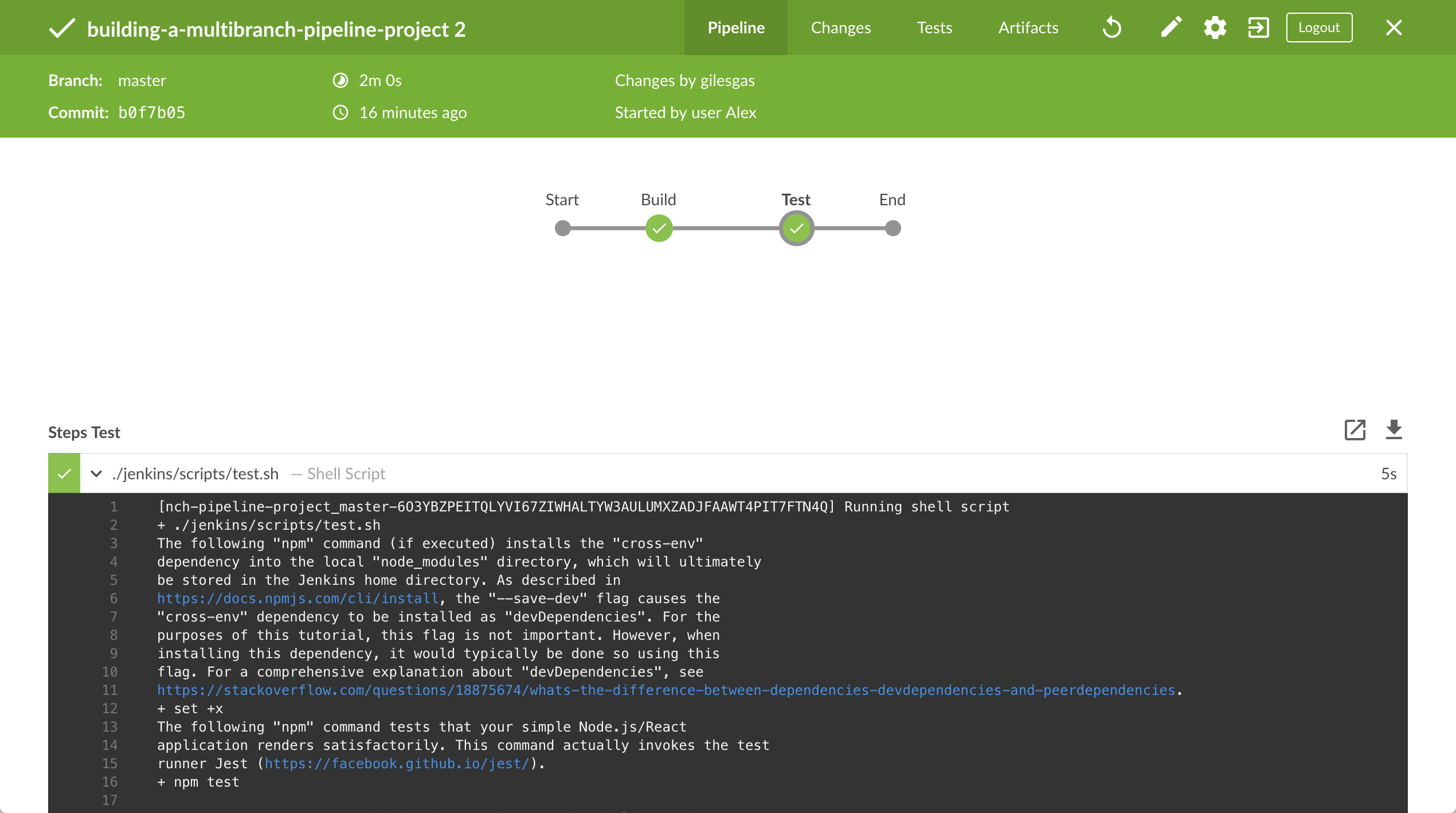 Build and test stages run successfully with output